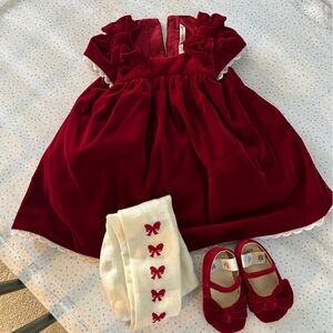Janie and Jack Red Velvet Baby Dress with matching shoes and tights.